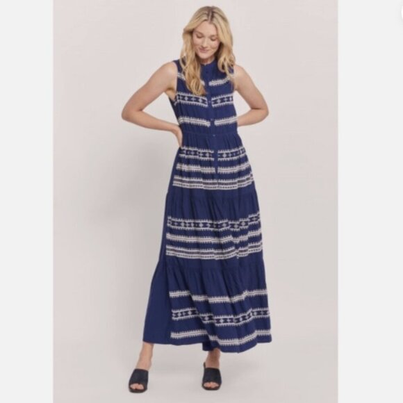 Roller Rabbit Sleeveless Navy Dress Embroidered Tiered Button-Down Size Medium - Picture 1 of 11